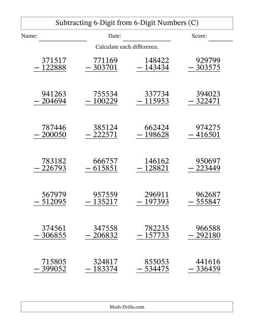 The Subtracting 6-Digit from 6-Digit Numbers With Some Regrouping (28 Questions) (C) Math Worksheet