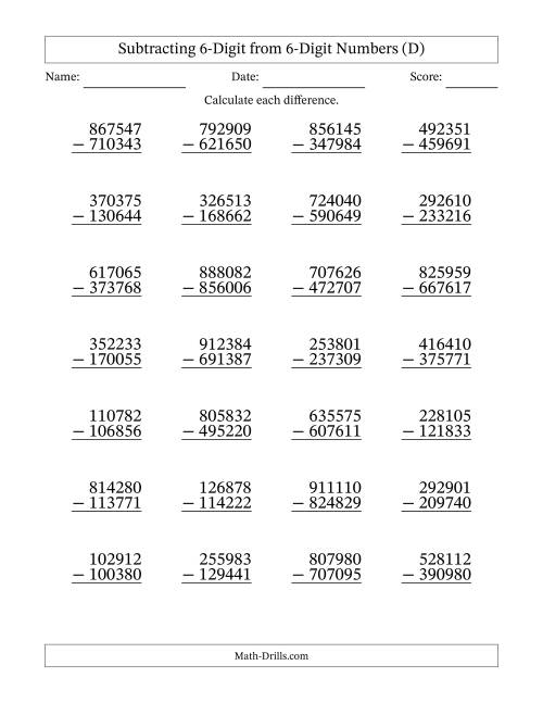 The Subtracting 6-Digit from 6-Digit Numbers With Some Regrouping (28 Questions) (D) Math Worksheet
