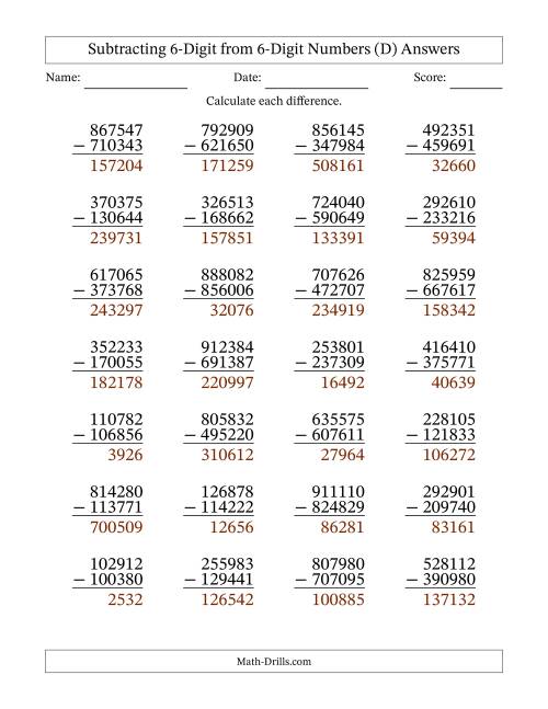 The Subtracting 6-Digit from 6-Digit Numbers With Some Regrouping (28 Questions) (D) Math Worksheet Page 2