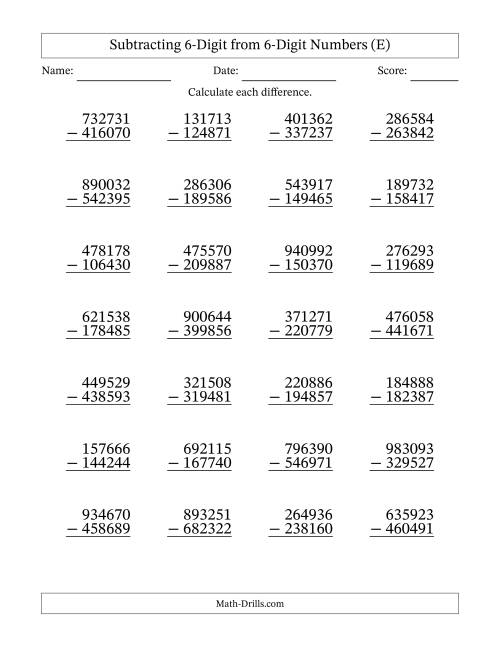 The Subtracting 6-Digit from 6-Digit Numbers With Some Regrouping (28 Questions) (E) Math Worksheet