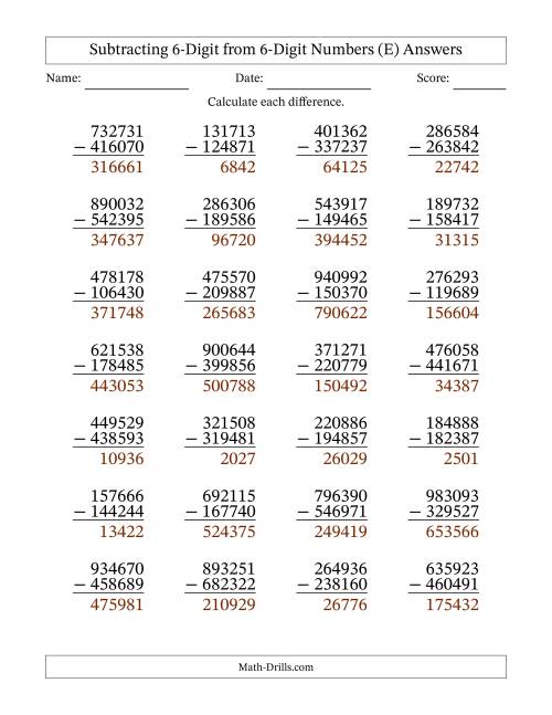 The Subtracting 6-Digit from 6-Digit Numbers With Some Regrouping (28 Questions) (E) Math Worksheet Page 2
