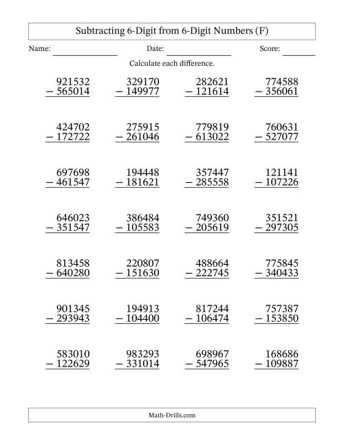 The Subtracting 6-Digit from 6-Digit Numbers With Some Regrouping (28 Questions) (F) Math Worksheet