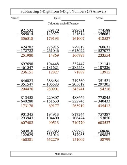 The Subtracting 6-Digit from 6-Digit Numbers With Some Regrouping (28 Questions) (F) Math Worksheet Page 2