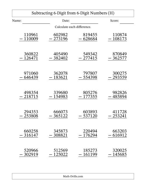 The Subtracting 6-Digit from 6-Digit Numbers With Some Regrouping (28 Questions) (H) Math Worksheet