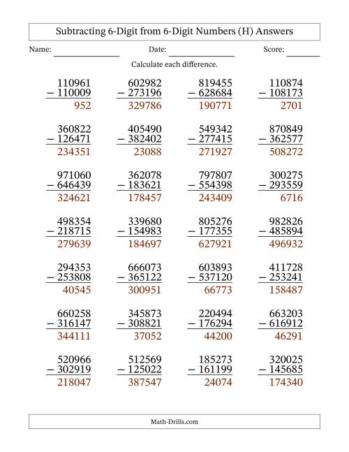 The Subtracting 6-Digit from 6-Digit Numbers With Some Regrouping (28 Questions) (H) Math Worksheet Page 2