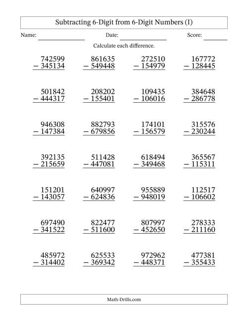 The Subtracting 6-Digit from 6-Digit Numbers With Some Regrouping (28 Questions) (I) Math Worksheet
