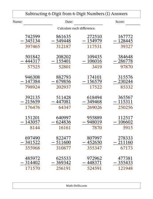 The Subtracting 6-Digit from 6-Digit Numbers With Some Regrouping (28 Questions) (I) Math Worksheet Page 2