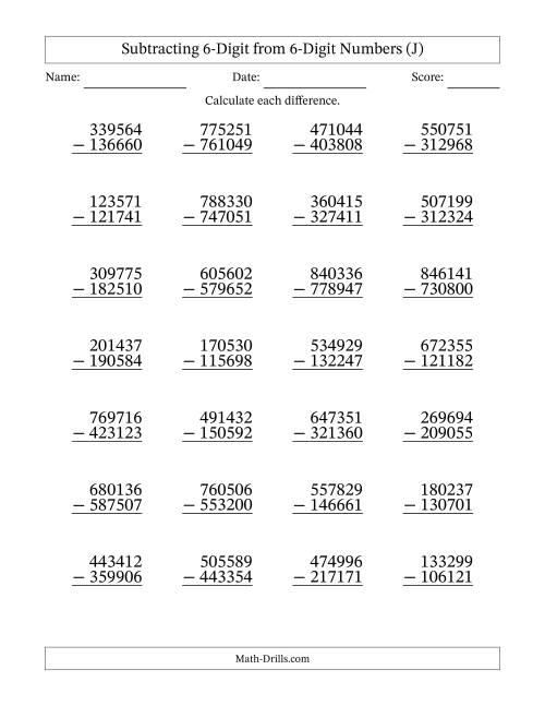 The Subtracting 6-Digit from 6-Digit Numbers With Some Regrouping (28 Questions) (J) Math Worksheet