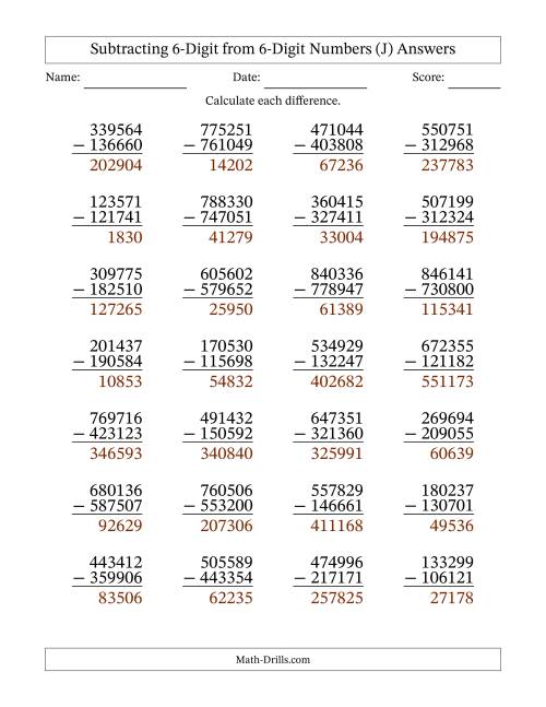 The Subtracting 6-Digit from 6-Digit Numbers With Some Regrouping (28 Questions) (J) Math Worksheet Page 2