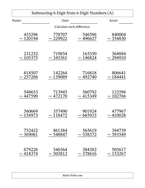 The Subtracting 6-Digit from 6-Digit Numbers With Some Regrouping (28 Questions) (All) Math Worksheet