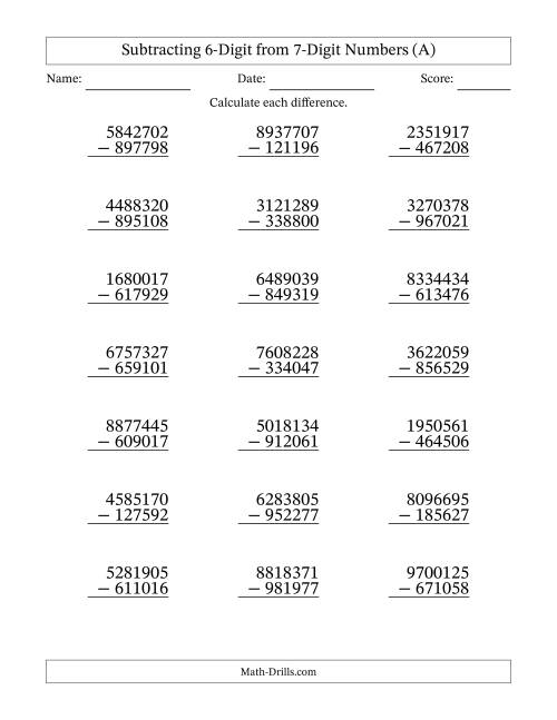 The 7-Digit Minus 6-Digit Subtraction (A) Math Worksheet