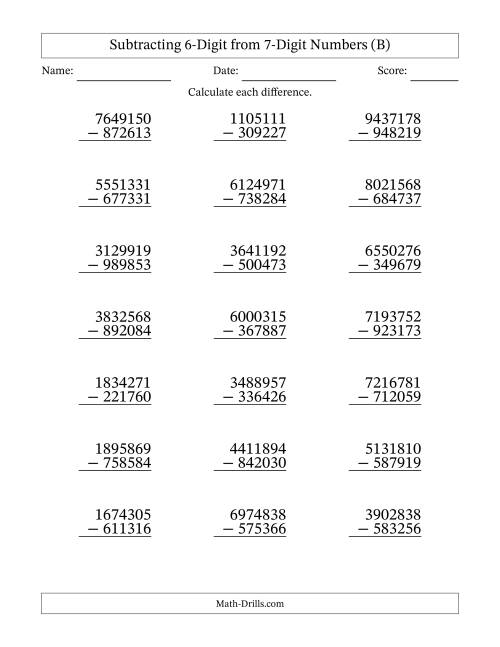 The 7-Digit Minus 6-Digit Subtraction (B) Math Worksheet