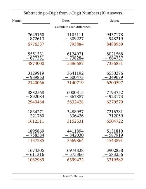The 7-Digit Minus 6-Digit Subtraction (B) Math Worksheet Page 2