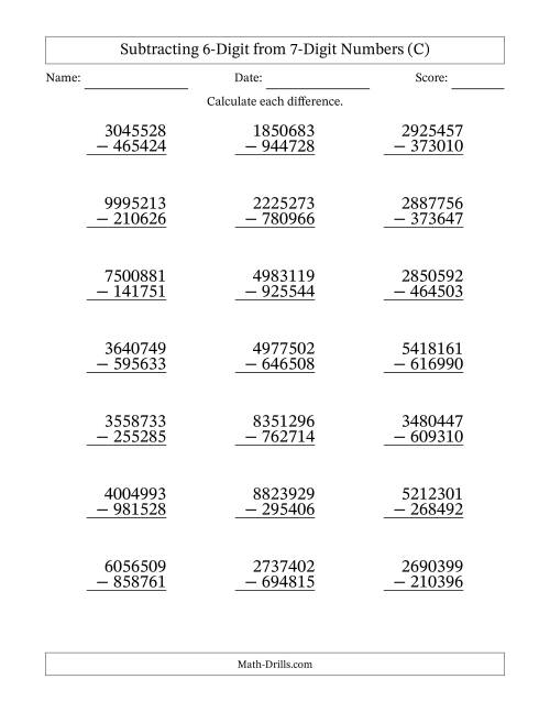 The Subtracting 6-Digit from 7-Digit Numbers With Some Regrouping (21 Questions) (C) Math Worksheet