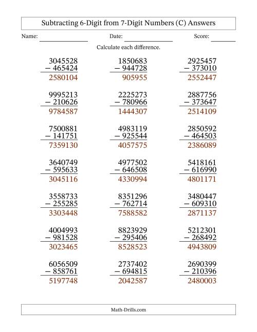 The Subtracting 6-Digit from 7-Digit Numbers With Some Regrouping (21 Questions) (C) Math Worksheet Page 2