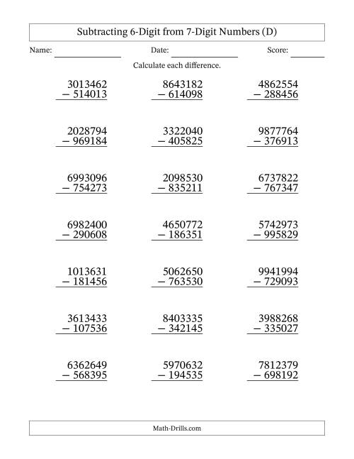The 7-Digit Minus 6-Digit Subtraction (D) Math Worksheet