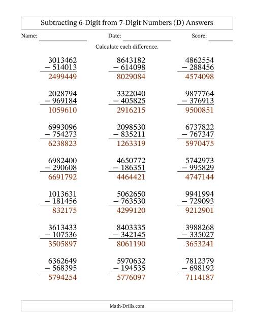 The 7-Digit Minus 6-Digit Subtraction (D) Math Worksheet Page 2
