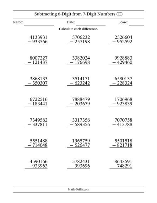 The Subtracting 6-Digit from 7-Digit Numbers With Some Regrouping (21 Questions) (E) Math Worksheet