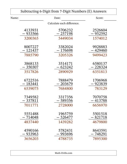 The 7-Digit Minus 6-Digit Subtraction (E) Math Worksheet Page 2