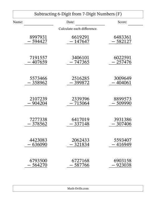 The 7-Digit Minus 6-Digit Subtraction (F) Math Worksheet