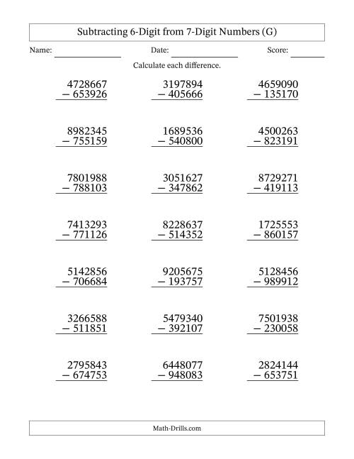 The Subtracting 6-Digit from 7-Digit Numbers With Some Regrouping (21 Questions) (G) Math Worksheet