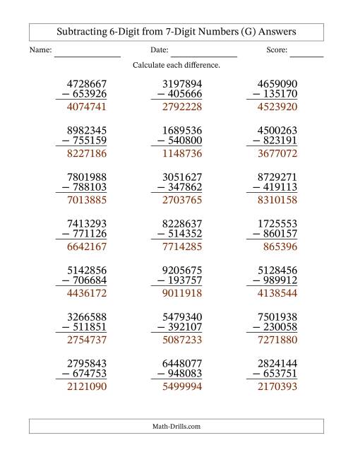 The Subtracting 6-Digit from 7-Digit Numbers With Some Regrouping (21 Questions) (G) Math Worksheet Page 2