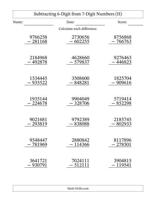 The 7-Digit Minus 6-Digit Subtraction (H) Math Worksheet