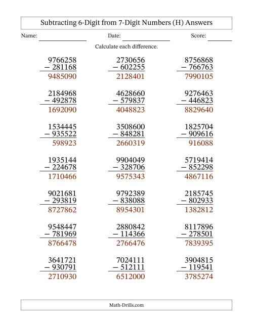 The 7-Digit Minus 6-Digit Subtraction (H) Math Worksheet Page 2