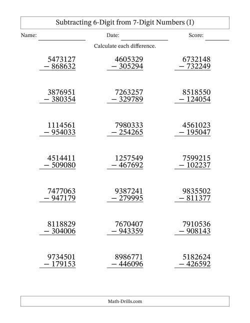 The Subtracting 6-Digit from 7-Digit Numbers With Some Regrouping (21 Questions) (I) Math Worksheet