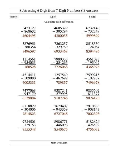 The Subtracting 6-Digit from 7-Digit Numbers With Some Regrouping (21 Questions) (I) Math Worksheet Page 2