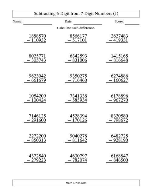 The Subtracting 6-Digit from 7-Digit Numbers With Some Regrouping (21 Questions) (J) Math Worksheet
