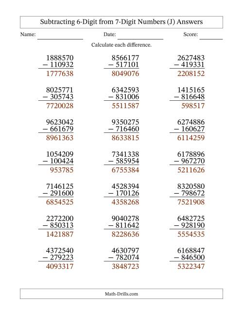 The Subtracting 6-Digit from 7-Digit Numbers With Some Regrouping (21 Questions) (J) Math Worksheet Page 2