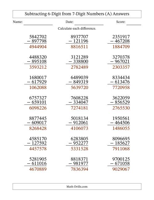 The Subtracting 6-Digit from 7-Digit Numbers With Some Regrouping (21 Questions) (All) Math Worksheet Page 2