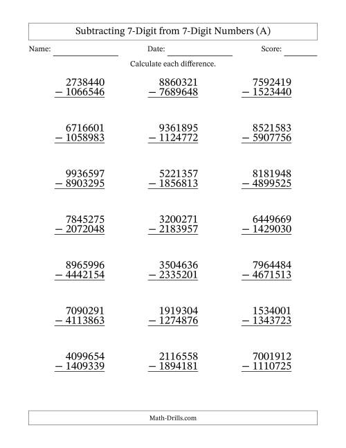 The 7-Digit Minus 7-Digit Subtraction (A) Math Worksheet