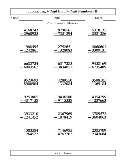 The 7-Digit Minus 7-Digit Subtraction (B) Math Worksheet
