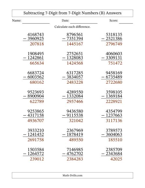 The 7-Digit Minus 7-Digit Subtraction (B) Math Worksheet Page 2