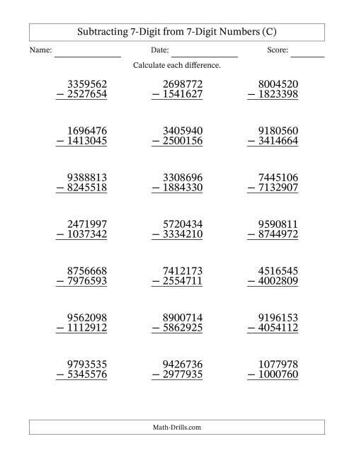 The Subtracting 7-Digit from 7-Digit Numbers With Some Regrouping (21 Questions) (C) Math Worksheet