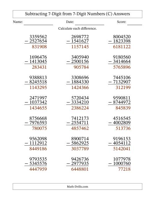The Subtracting 7-Digit from 7-Digit Numbers With Some Regrouping (21 Questions) (C) Math Worksheet Page 2