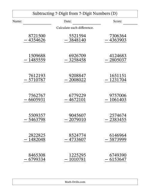 The 7-Digit Minus 7-Digit Subtraction (D) Math Worksheet