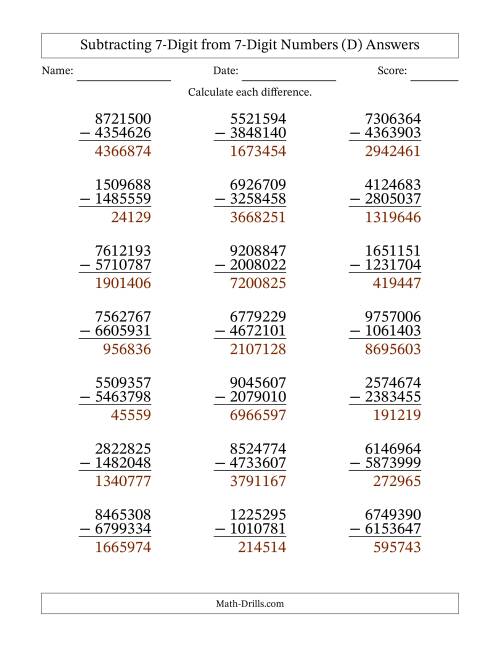 The 7-Digit Minus 7-Digit Subtraction (D) Math Worksheet Page 2