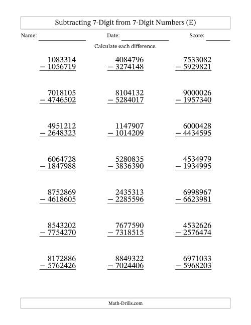 The 7-Digit Minus 7-Digit Subtraction (E) Math Worksheet
