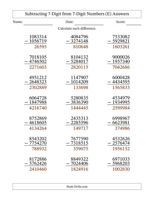 The 7-Digit Minus 7-Digit Subtraction (E) Math Worksheet Page 2