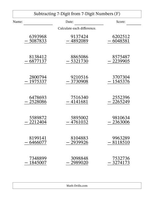 The 7-Digit Minus 7-Digit Subtraction (F) Math Worksheet