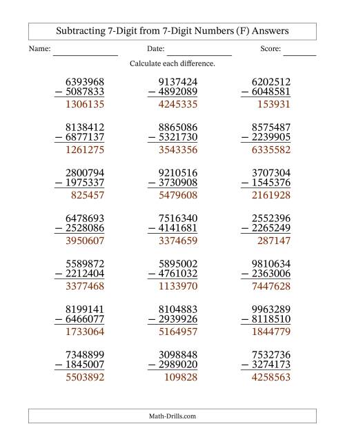 The Subtracting 7-Digit from 7-Digit Numbers With Some Regrouping (21 Questions) (F) Math Worksheet Page 2