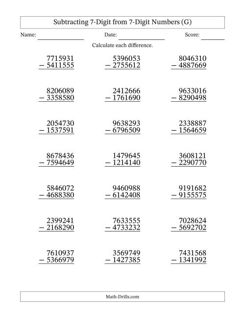 The Subtracting 7-Digit from 7-Digit Numbers With Some Regrouping (21 Questions) (G) Math Worksheet