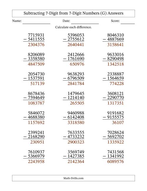 The 7-Digit Minus 7-Digit Subtraction (G) Math Worksheet Page 2