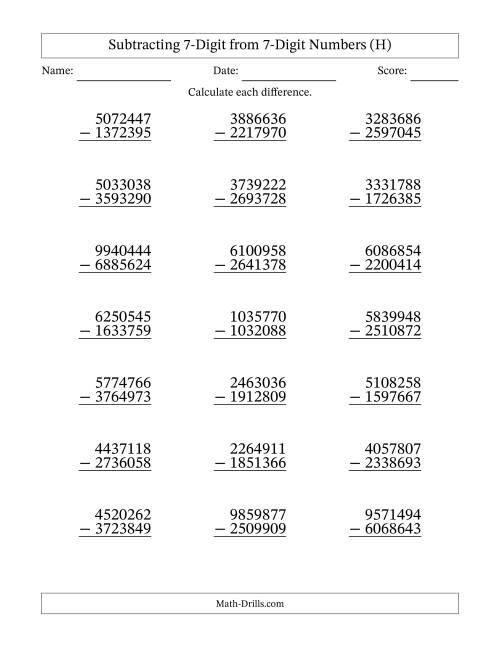 The Subtracting 7-Digit from 7-Digit Numbers With Some Regrouping (21 Questions) (H) Math Worksheet