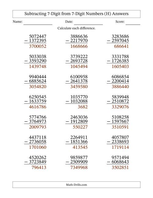 The Subtracting 7-Digit from 7-Digit Numbers With Some Regrouping (21 Questions) (H) Math Worksheet Page 2