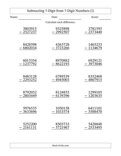 The Subtracting 7-Digit from 7-Digit Numbers With Some Regrouping (21 Questions) (I) Math Worksheet