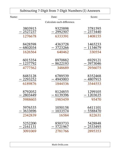 The Subtracting 7-Digit from 7-Digit Numbers With Some Regrouping (21 Questions) (I) Math Worksheet Page 2